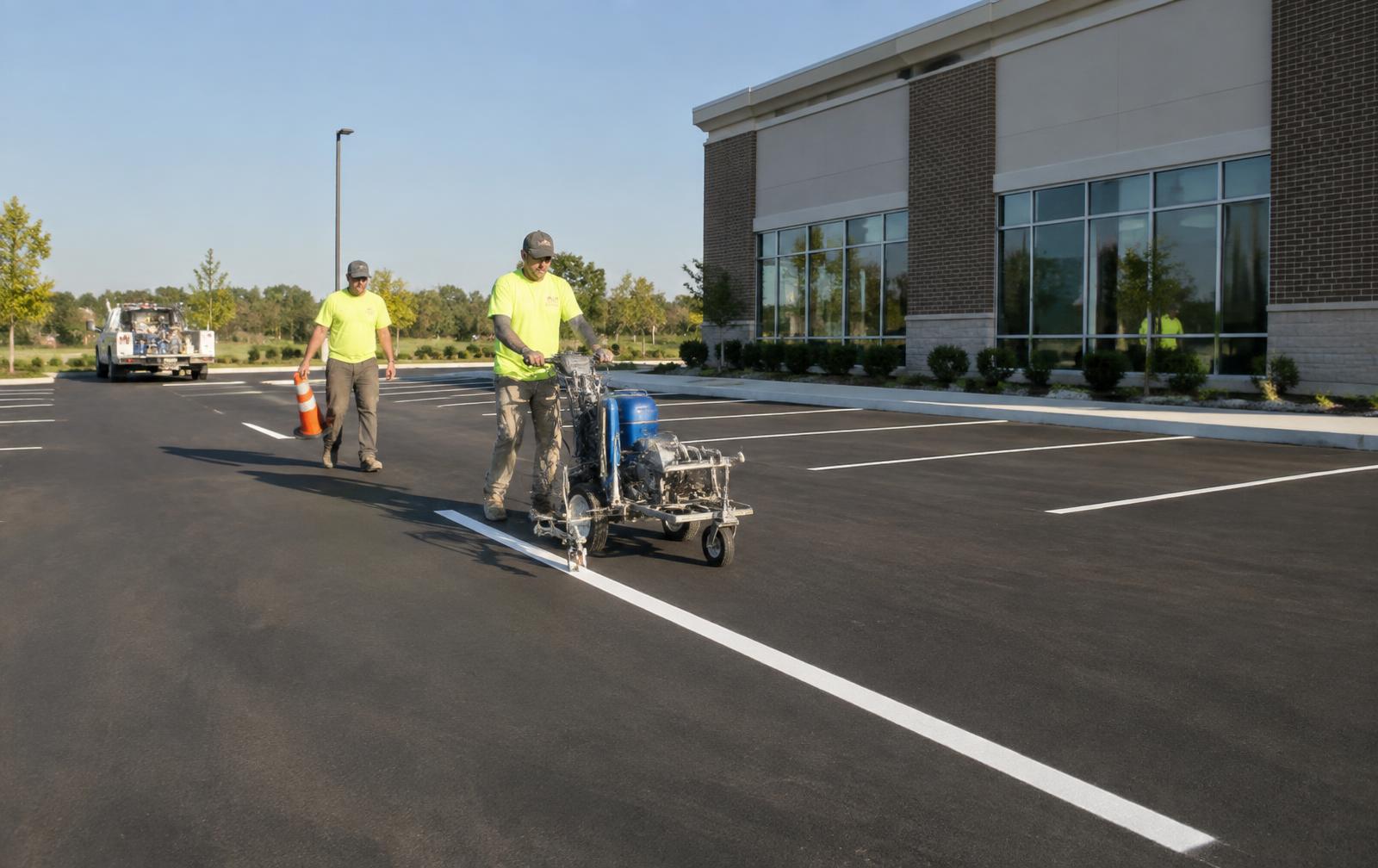 Striping crew painting fresh white parking stall lines on new asphalt